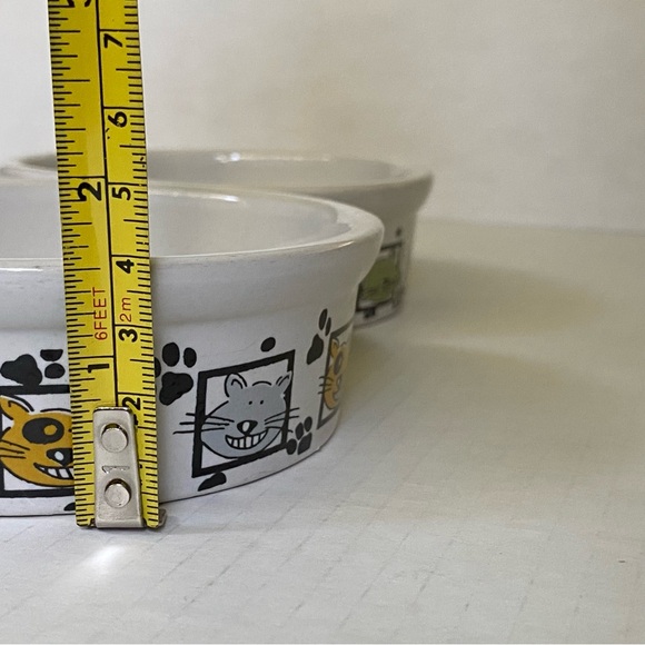 Cat Dish Set 5” Ceramic Tiger Cat 2 Bowls Water Food Signature White Kitties - Picture 9 of 16